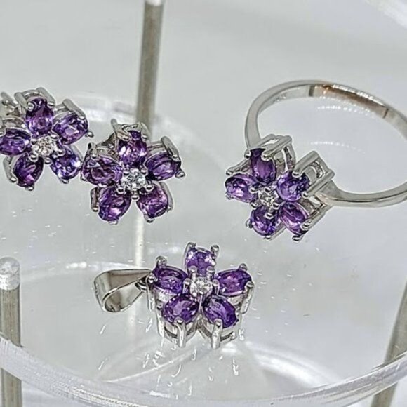 SALE! Natural Amethyst 925 Sterling Silver Earrings, Pendant, Ring 8.25 Set - Picture 4 of 10